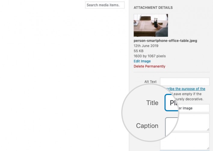 screenshot of the attachment details - adding title, caption & alt text