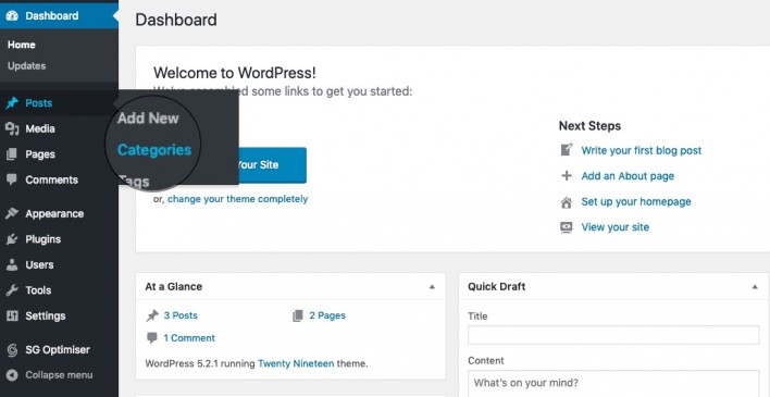 Screenshot showing how to create a new category in WordPress