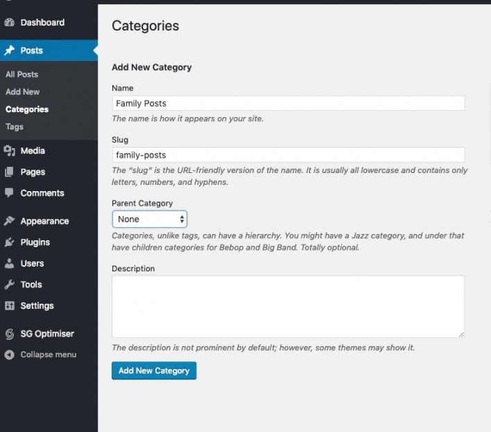 Screenshot showing the newly created category 