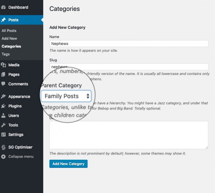 Screenshot showing how to create a new subcategory in the Parent category
