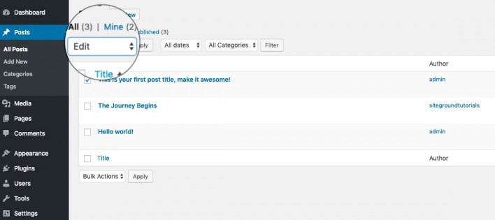 Screenshot showing how to assign a WordPress category or subcategory from the All Posts' Bulk editor