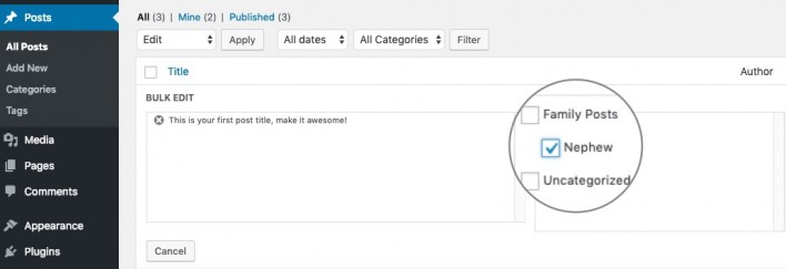 Screenshot showing how to assign a WordPress category or subcategory from the bulk editor in WordPress