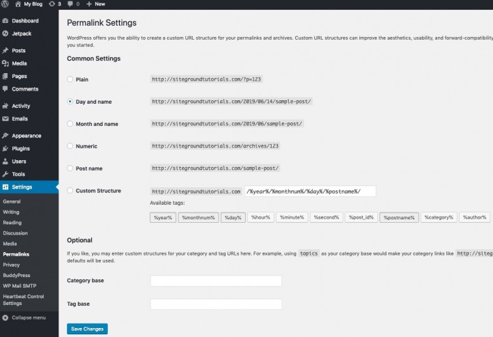 Screenshot of the Permalinks settings in WordPress and where to edit them