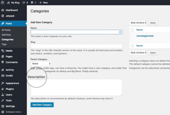 Screenshot of where to find the meta description for the categories in WordPress