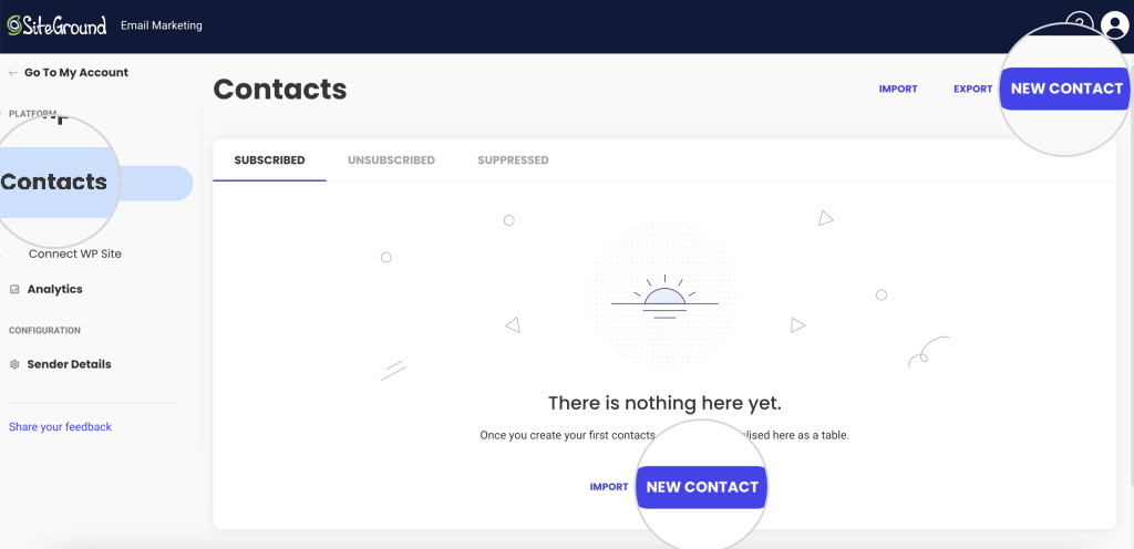 Screenshot displaying the Contacts section of the Email Marketing service and the New contact button