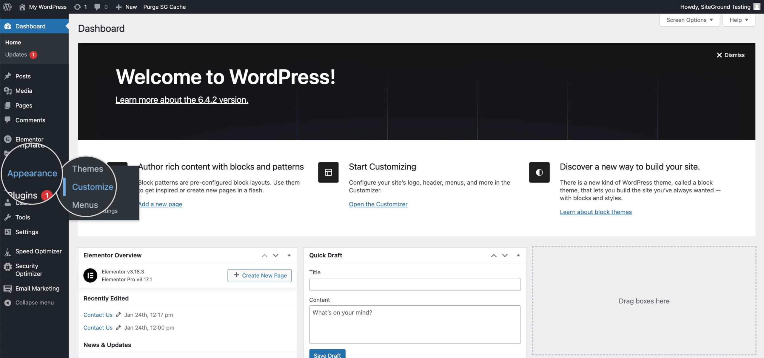 Screenshot showing how to go to the WordPress Customizer from the dashboard to change WordPress Favicon