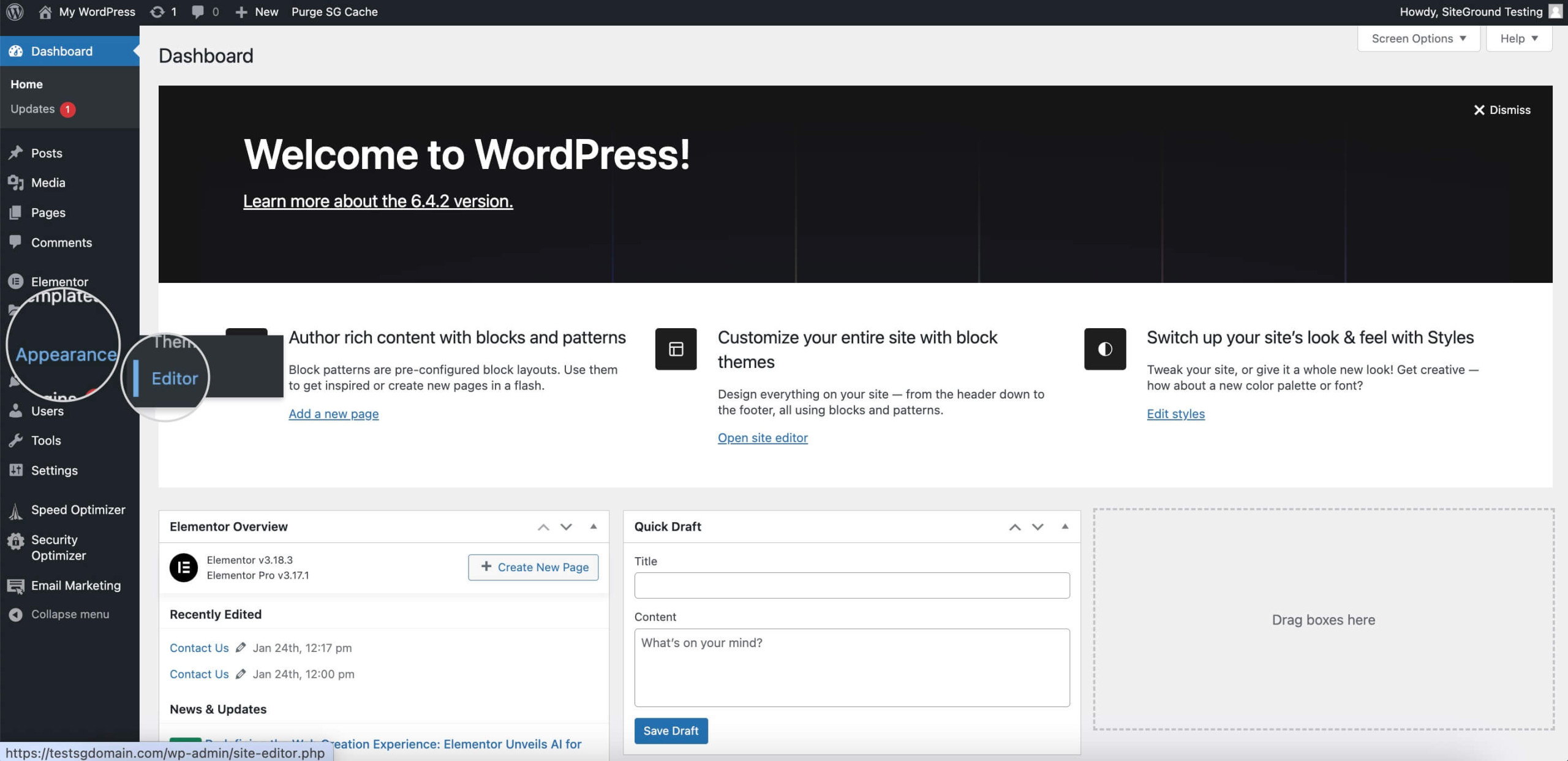 Screenshot showing how to access the WordPress Full Site Editor
