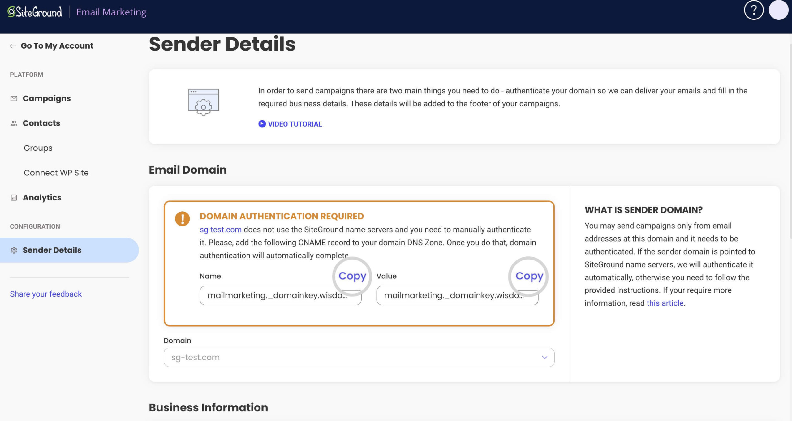 Screenshot showing the Domain Authentication Required screen where you can copy the CNAME record details