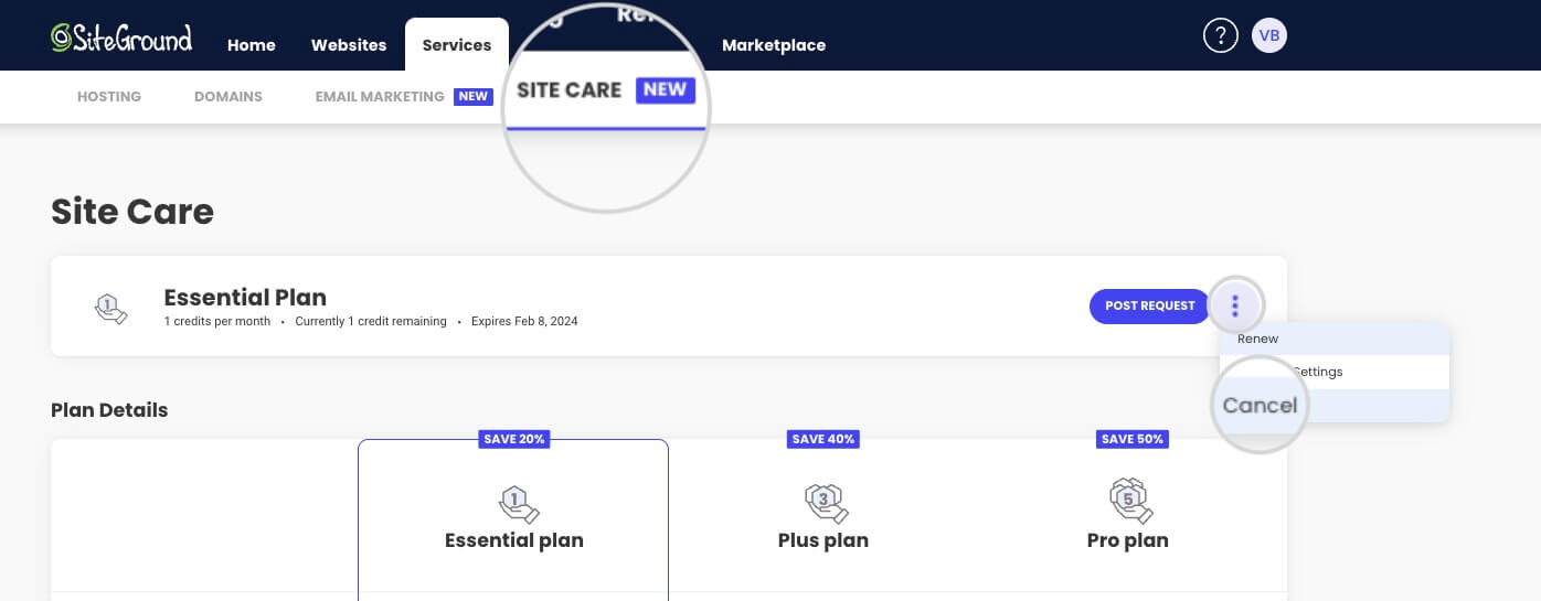 How to cancel a Site Care plan