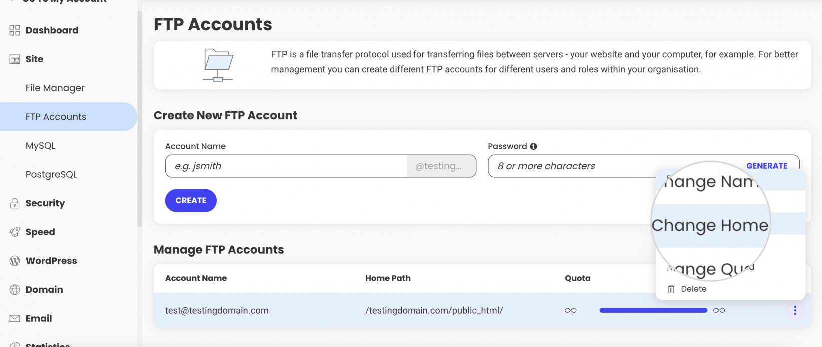 Change home directory for FTP account
