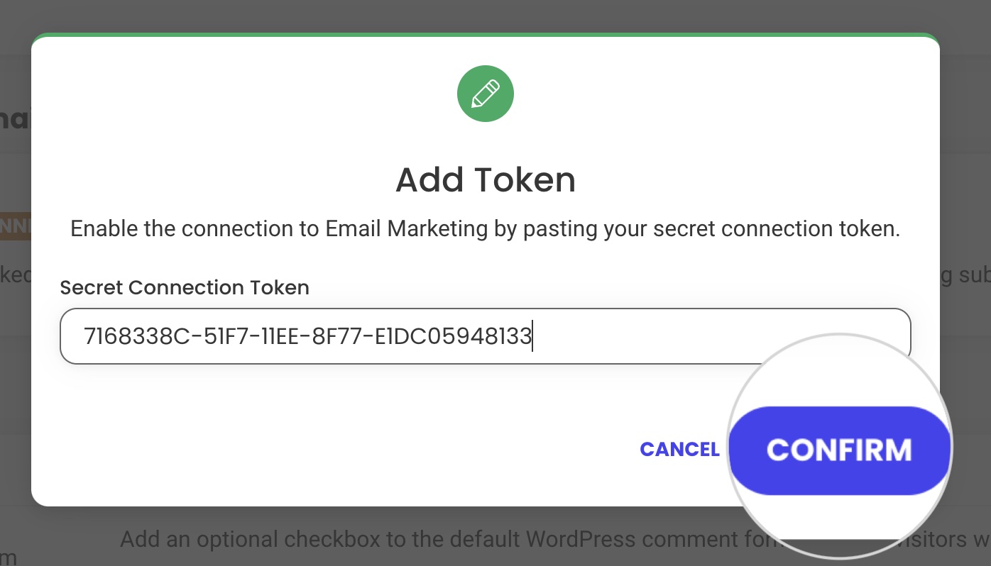 How to confirm the connection token in the Email Marketing plugin