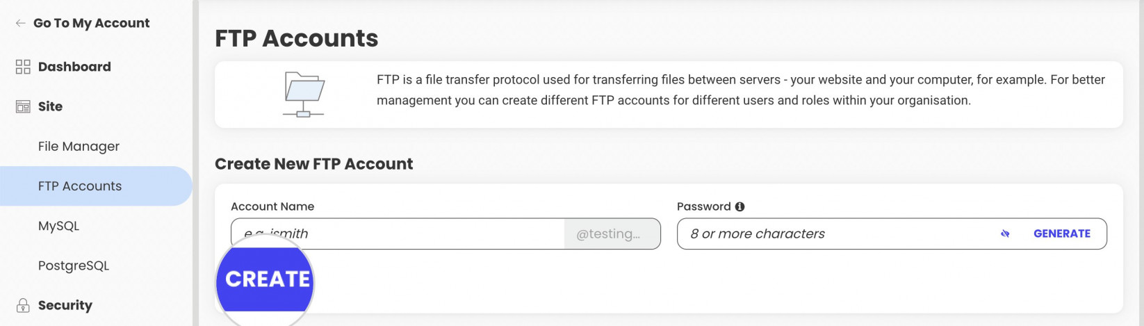 Create FTP Account Site Tools