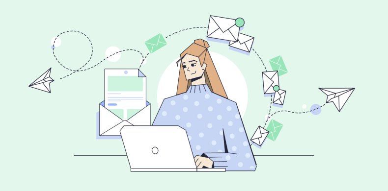 an illustration of a woman on a laptop sending many emails