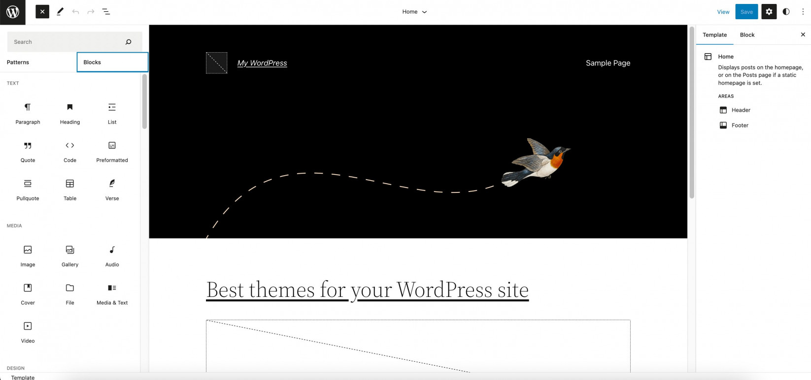 Screenshot showing Full site editor blocks WordPress