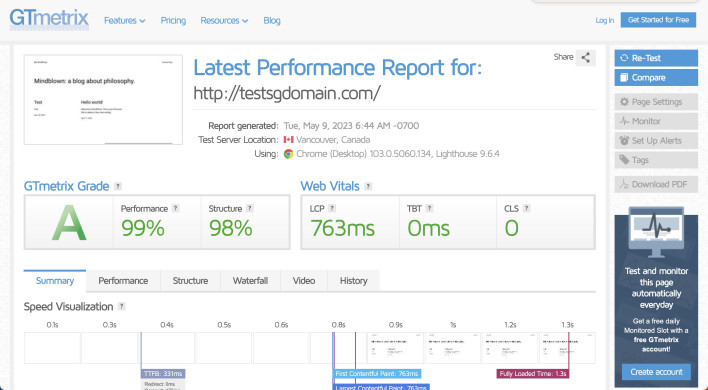 Screenshot of Gtmetrix page speed results