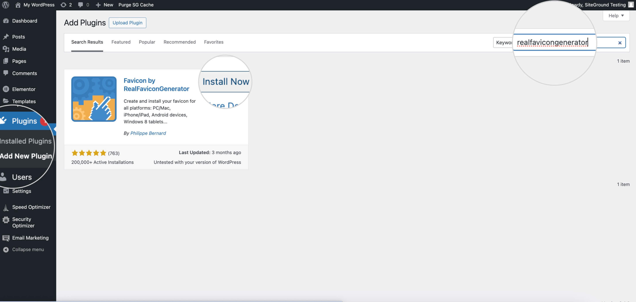 Screenshot showing how to install the RealFaviconGenerator plugin in WordPress