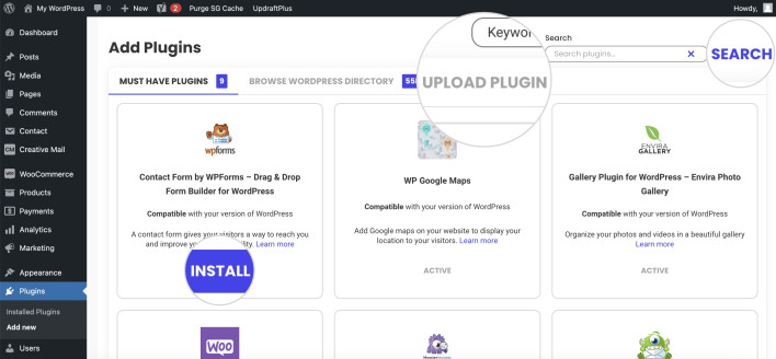 Screenshot showing how to upload and install a WordPress plugin from the dashboard