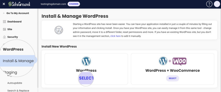 Screenshot displaying the Install & Manage tool in Site Tools you can use for a WordPress installation
