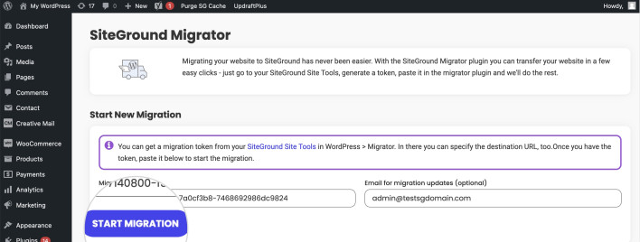Screenshot of a pasted migration token and starting the migration