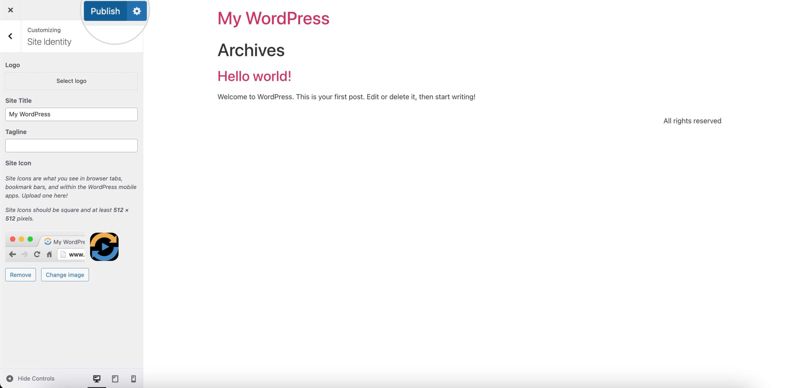 Screenshot displaying the Publish button to save your uploaded WordPress site icon