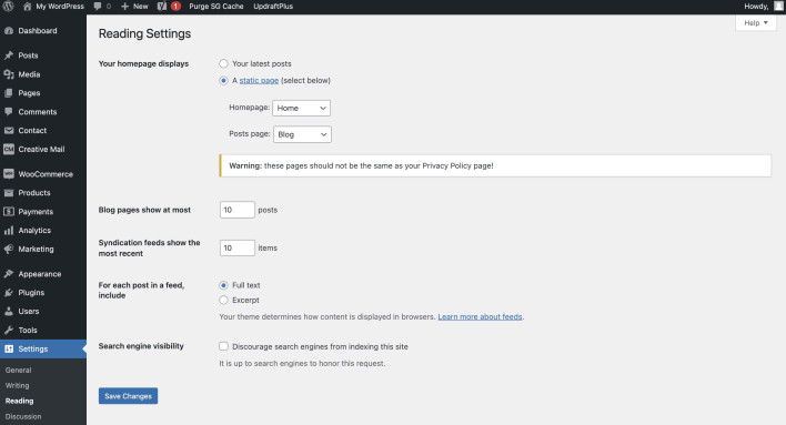 Screenshot showing how to set a static WordPress page