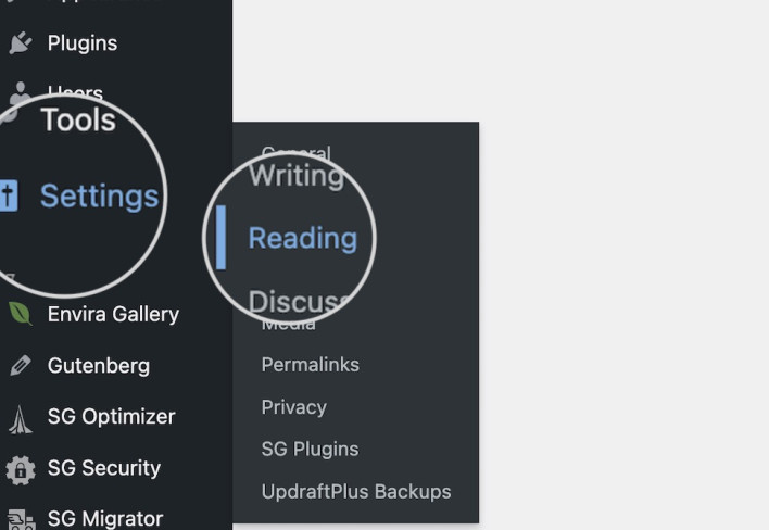 Screenshot displaying the reading settings of WordPress pages