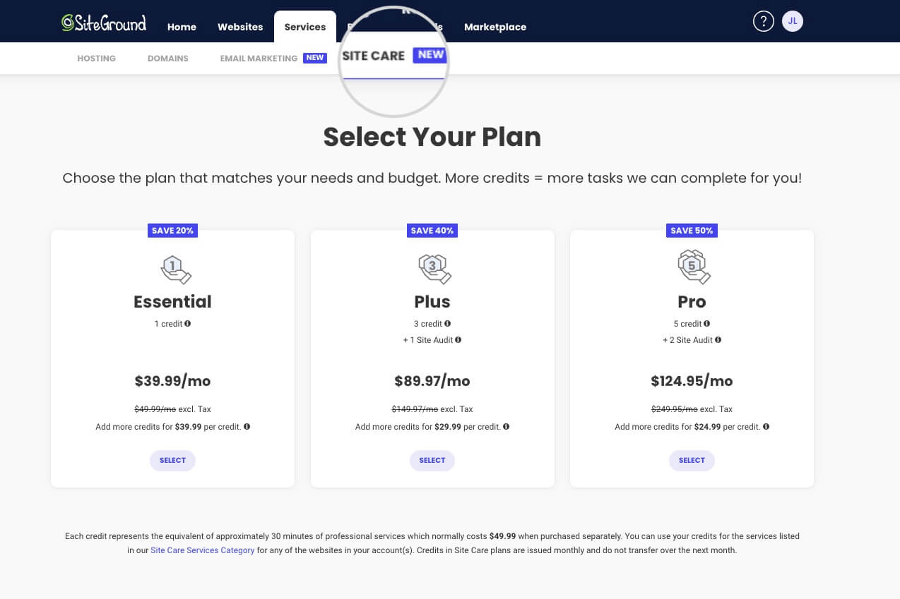 Site Care Plans page in SiteGround's Client Area