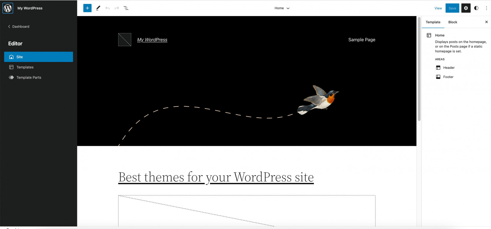 Screenshot showing Site Editor Home page WordPress