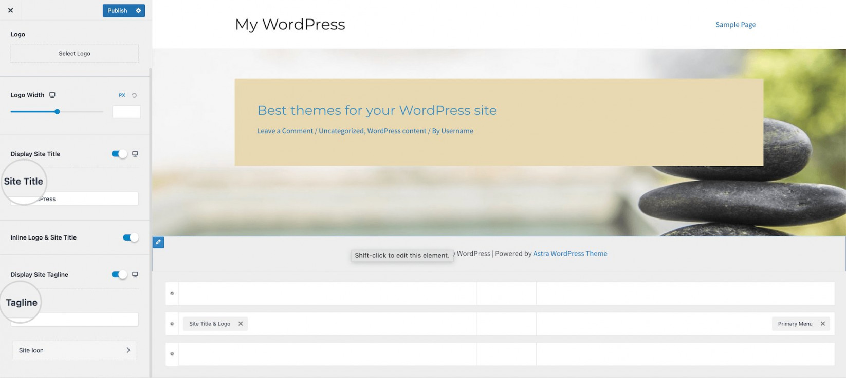 Screenshot showing how to Edit the Site title and Tag line in WordPress from the 