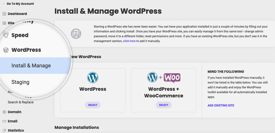 Install & Manage WordPress in Site Tools