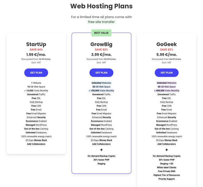 Screenshot showing the shared hosting packages offered by SiteGround
