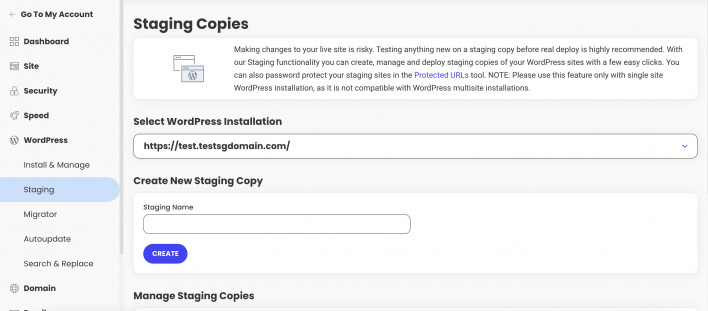 Create a Staging site in Site Tools