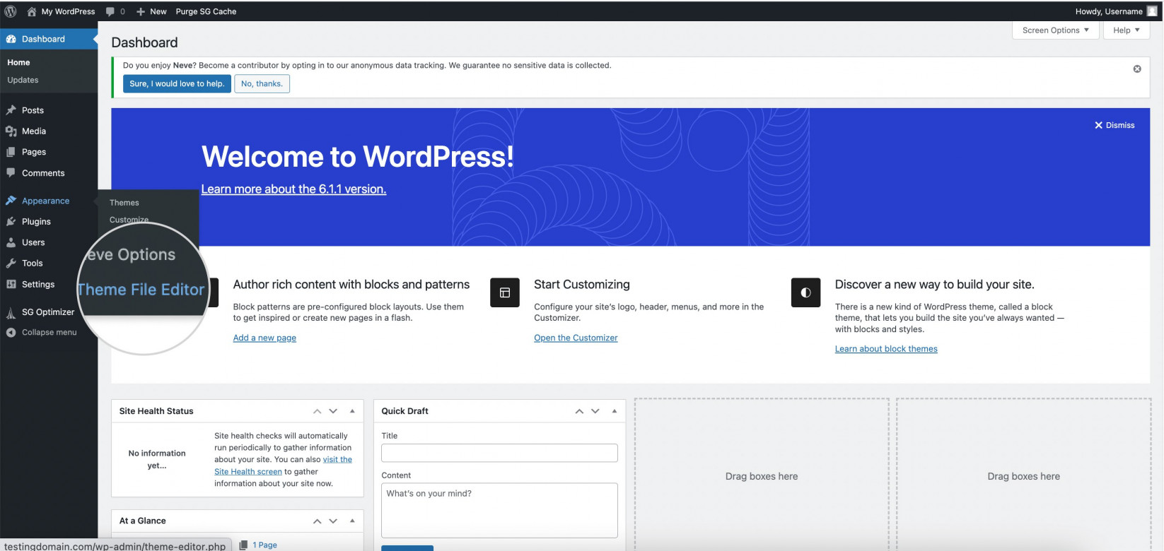 Screenshot showing how to Edit WordPress Themes with the Theme file editor, focusing on the 