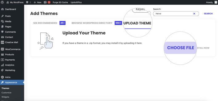 Screenshot illustrating how to upload premium WordPress themes from the dashboard