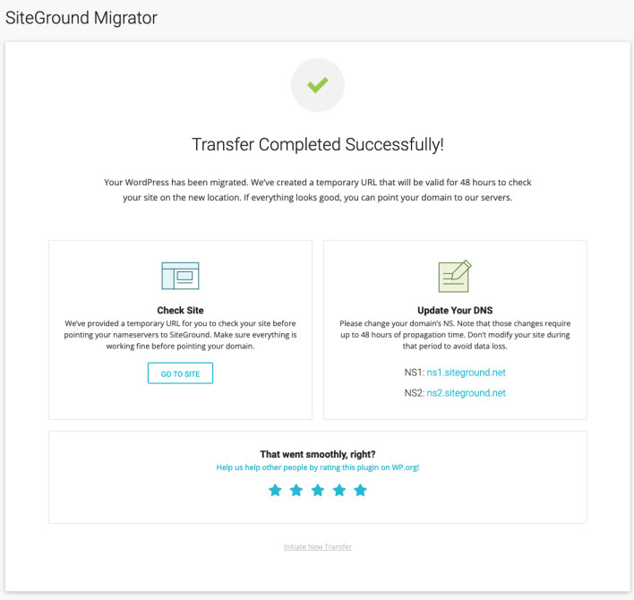 Transfer completed successfully with SiteGround Migrator - confirmation message