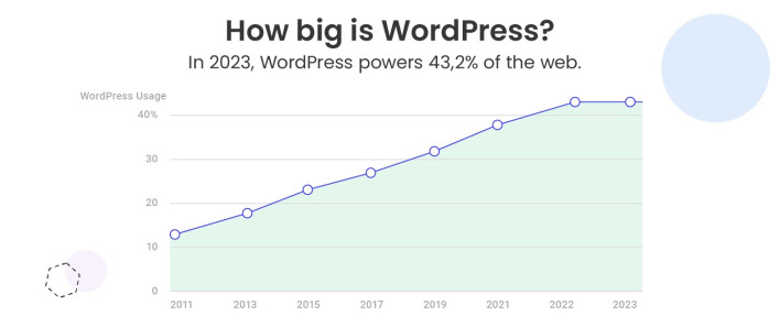 Screenshot showing a chart of WordPress usage over the years by Manaferra
