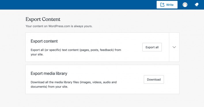 Screenshot showing how to export the content from wordpress.com
