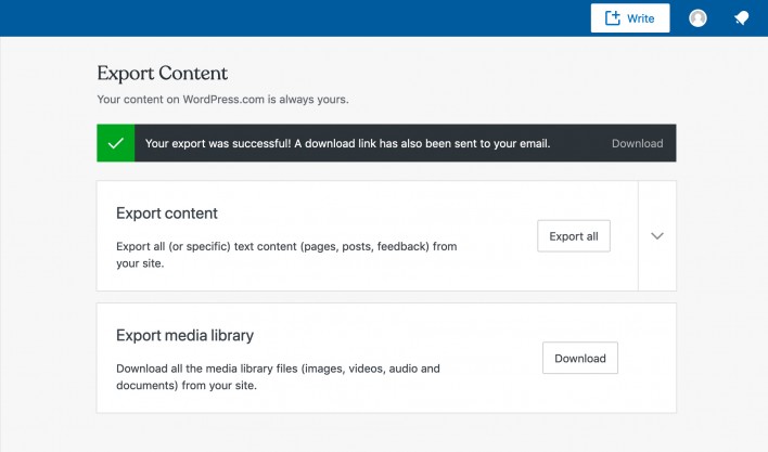 Screenshot showing how to export the content from wordpress.com with a successful export message pop-up