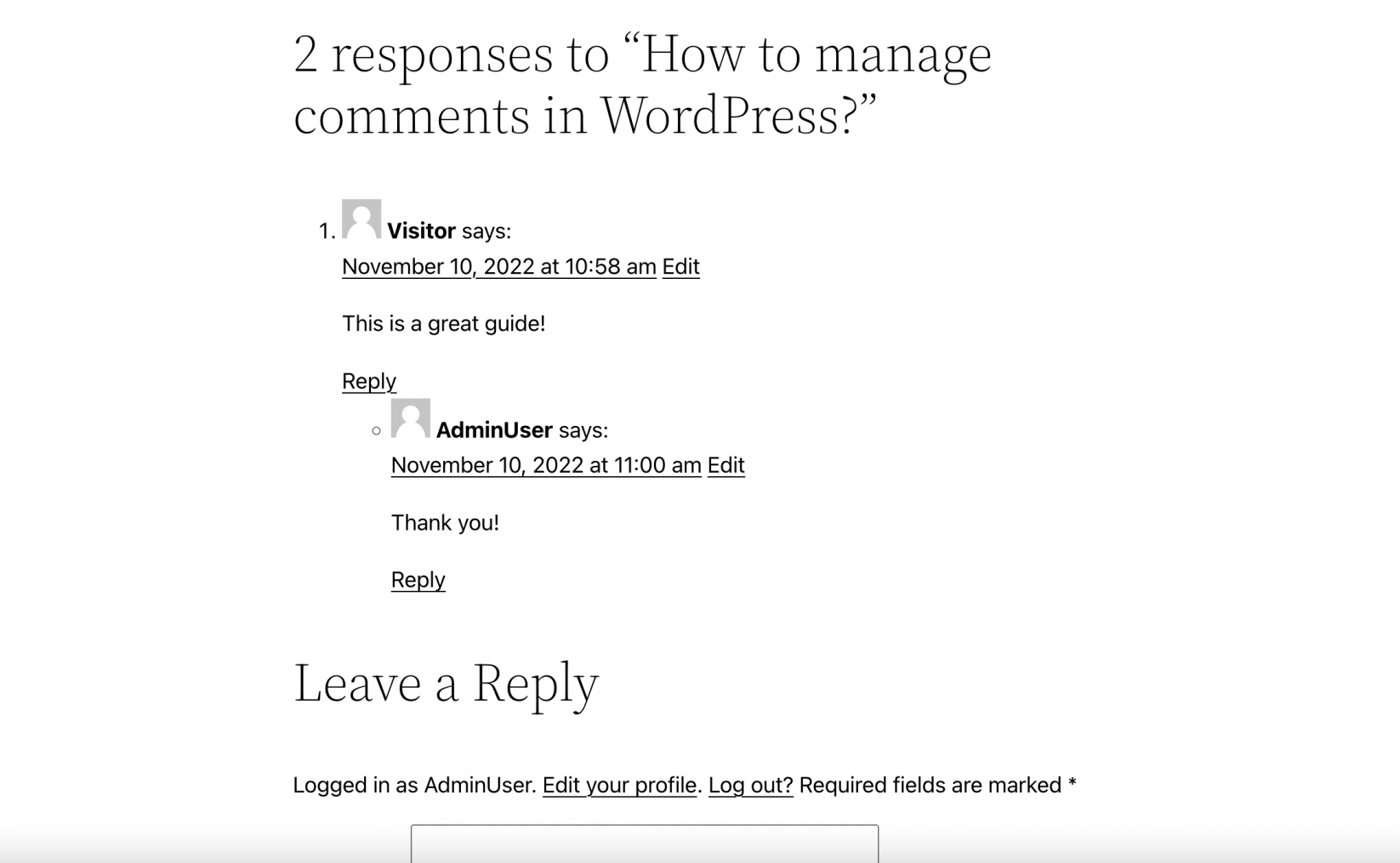 Comments on a WordPress website