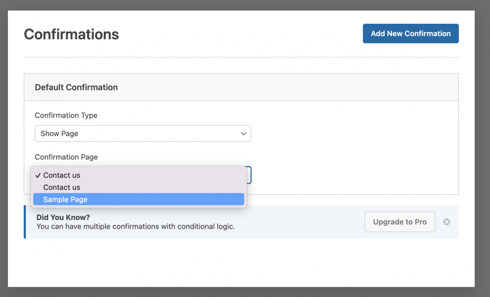 How to select a confirmation page for the contact form 