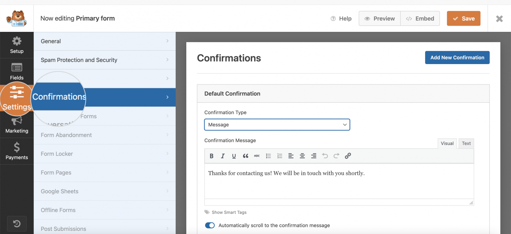 Contact form's confirmations settings