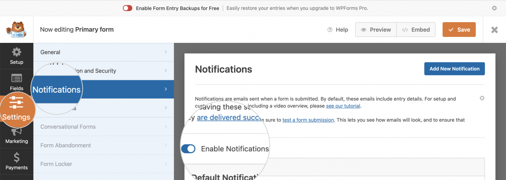 Contact form Notifications Settings