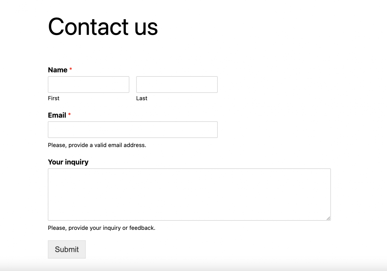 Contact form example on a page in WordPress