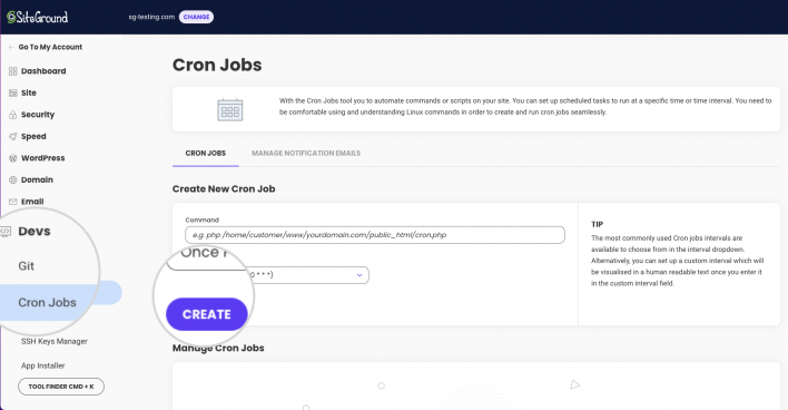 Create cron jobs in Site Tools