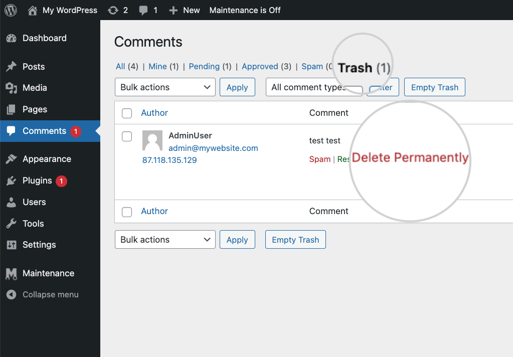 How to delete permanently a comment in WordPress