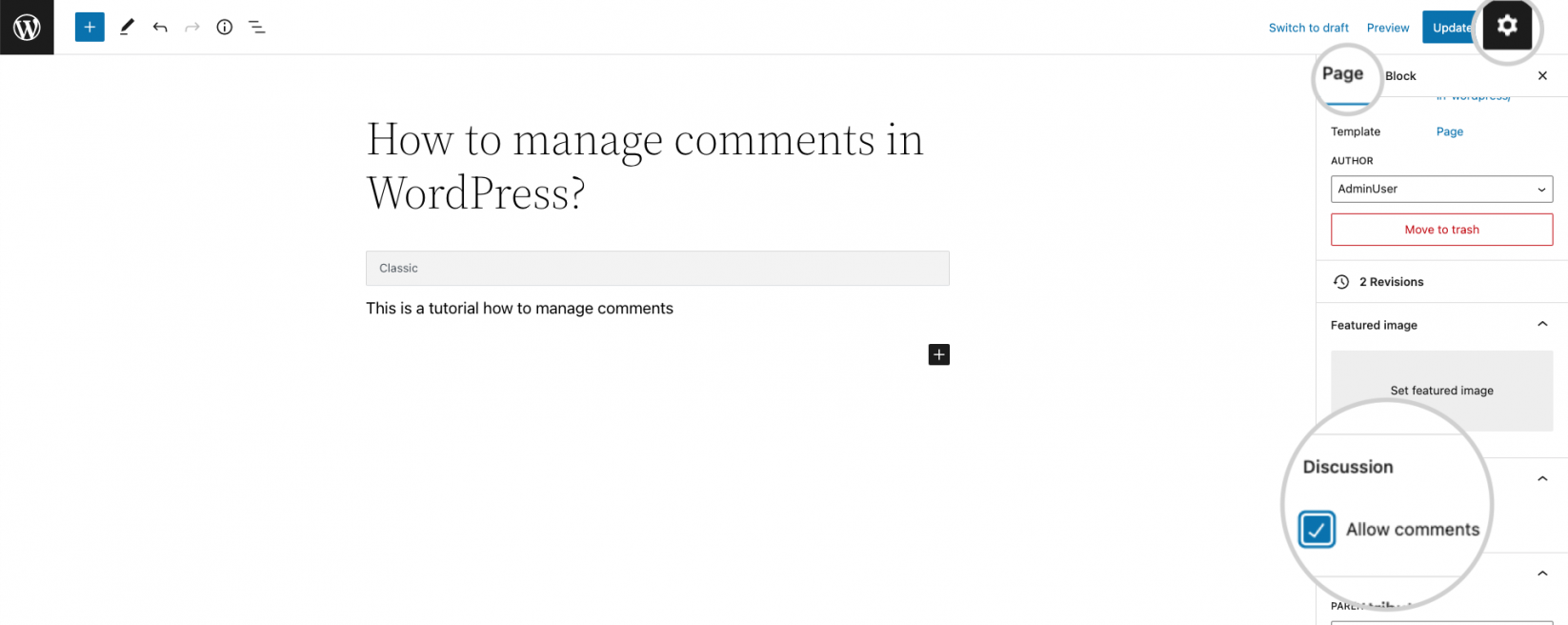 How to enable or disable comments on a post or page in the WordPress editor