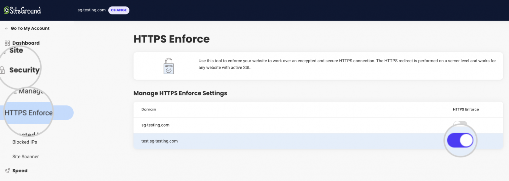 How do I enforce HTTPS for a subdomain