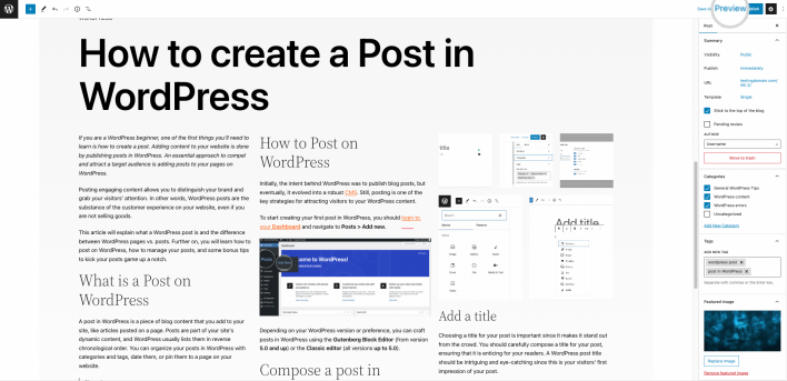 Example post in WordPress