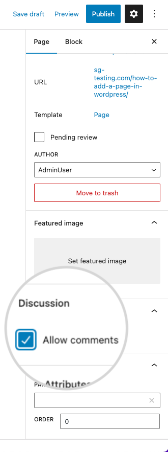 screenshot showing How to allow comments on a page