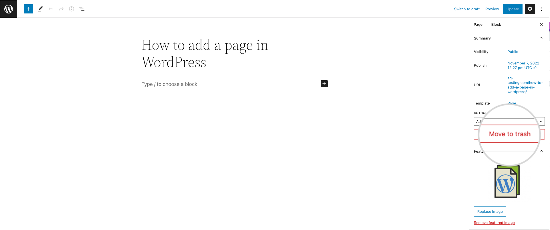 Screenshot showing How to delete a page from the WordPress Editor